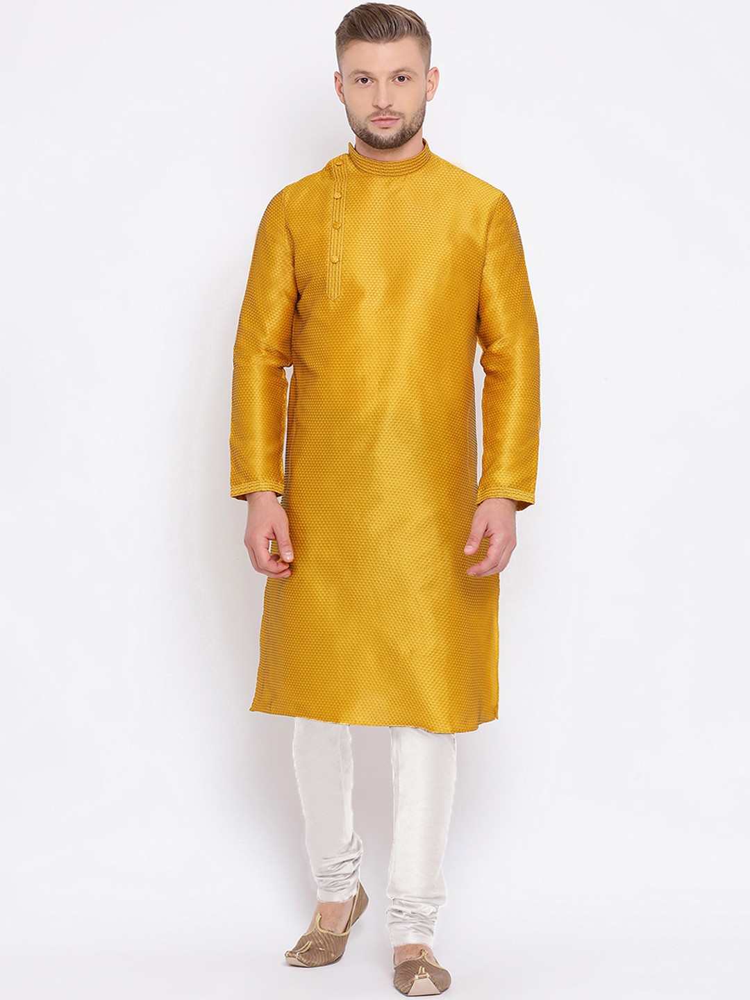 

Sanwara Men Mustard Yellow Solid Silk Straight Kurta