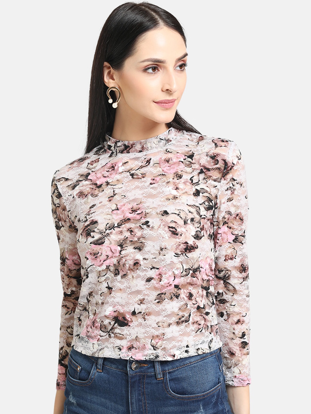

Kazo Women White & Pink Self Design Knitted Top
