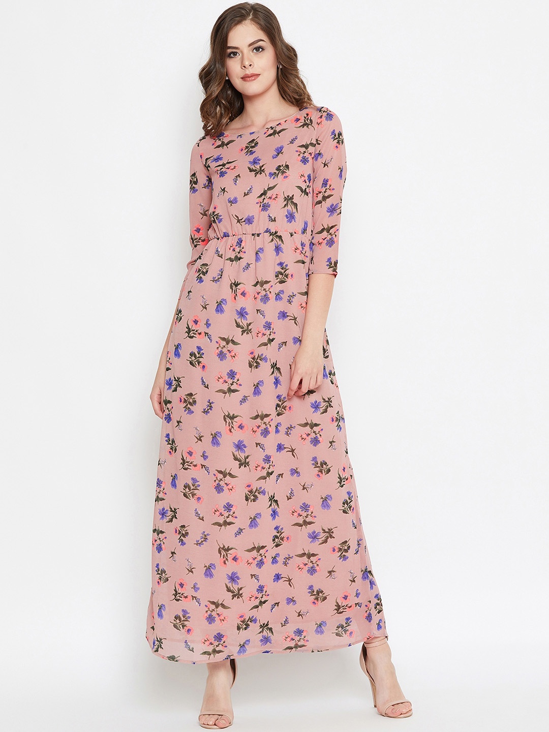 

PURYS Women Printed Peach-Coloured Floral Maxi Dress
