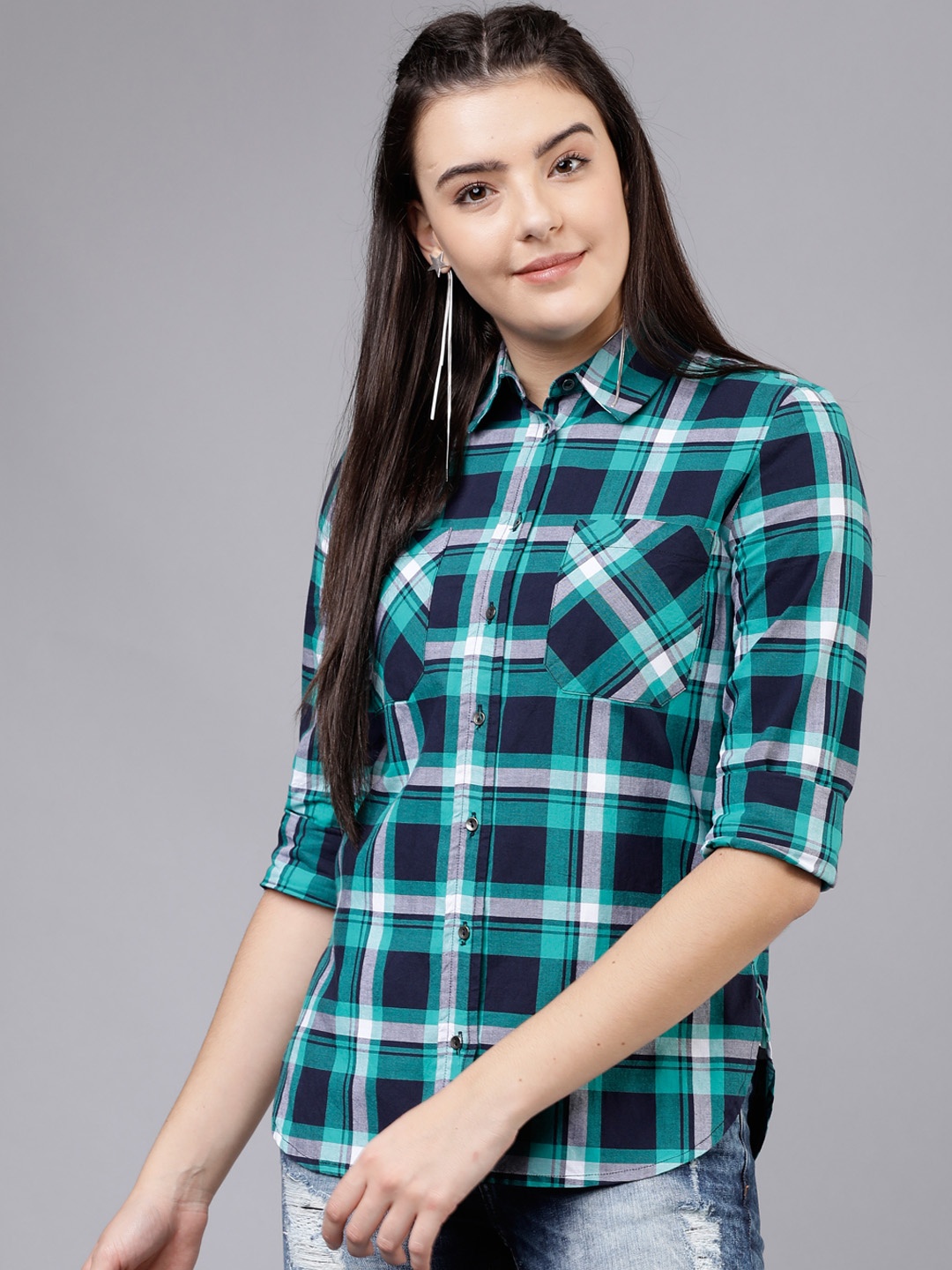 

Tokyo Talkies Women Navy Blue & Green Regular Fit Checked Casual Shirt