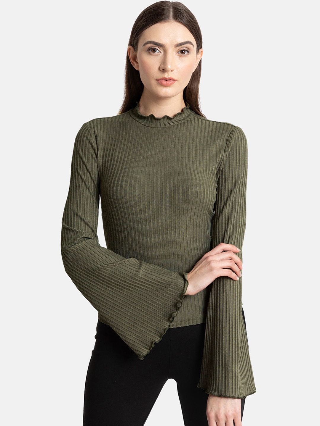 

Kazo Women Olive Green Solid Round Neck T-shirt