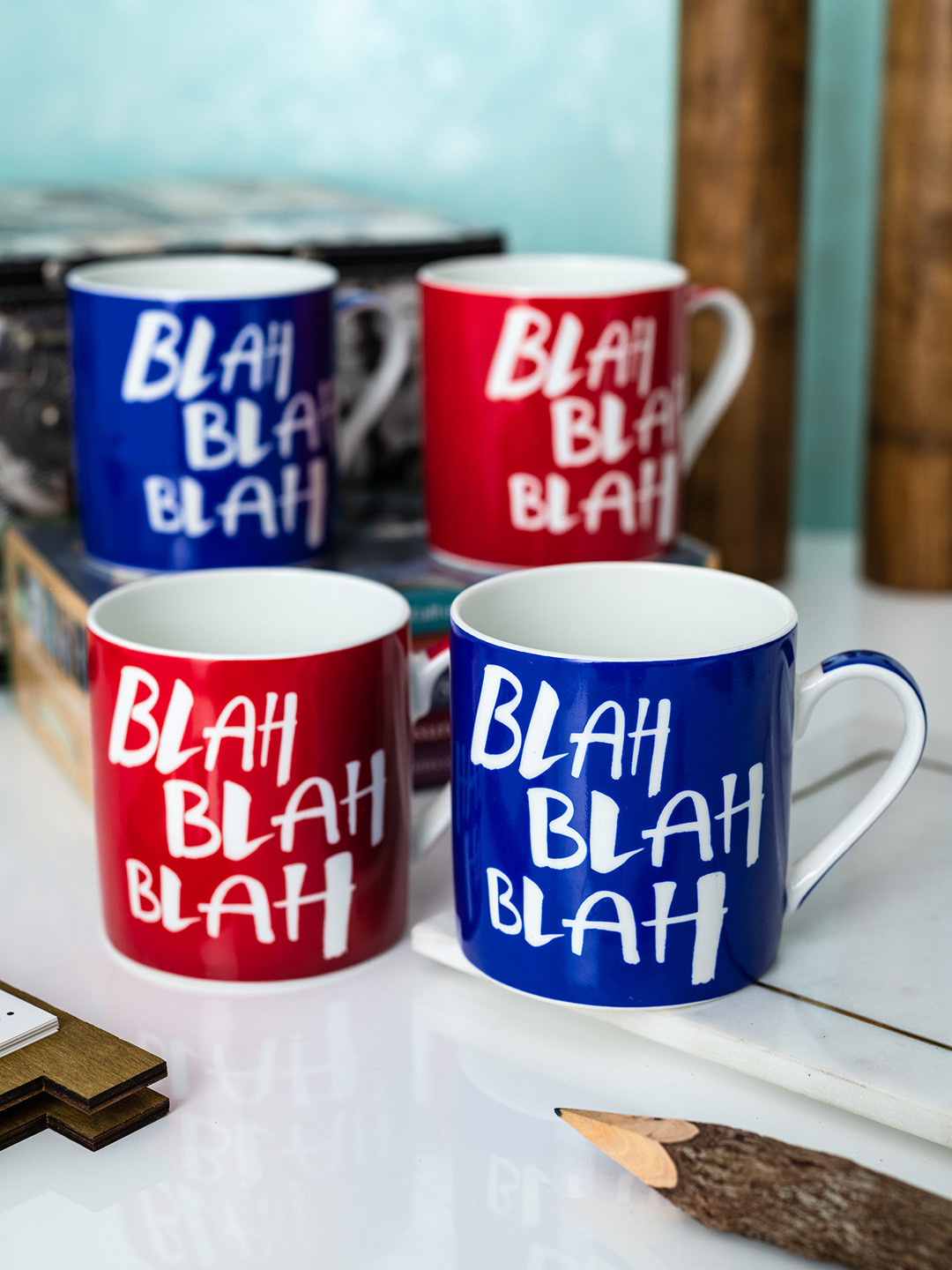 

GOODHOMES Set of 4 Fine Bone China Tea Cups/ Coffee Mugs with Fun Wordings 350 ml (each), Red
