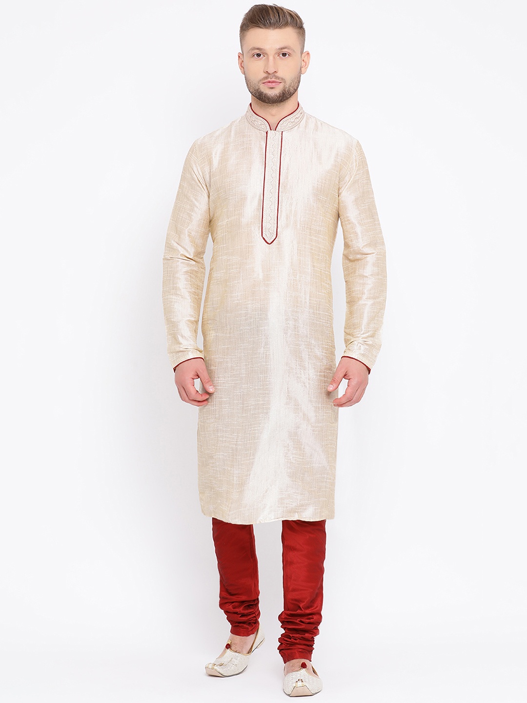 

Sanwara Men Off-White & Maroon Self Design Kurta with Churidar