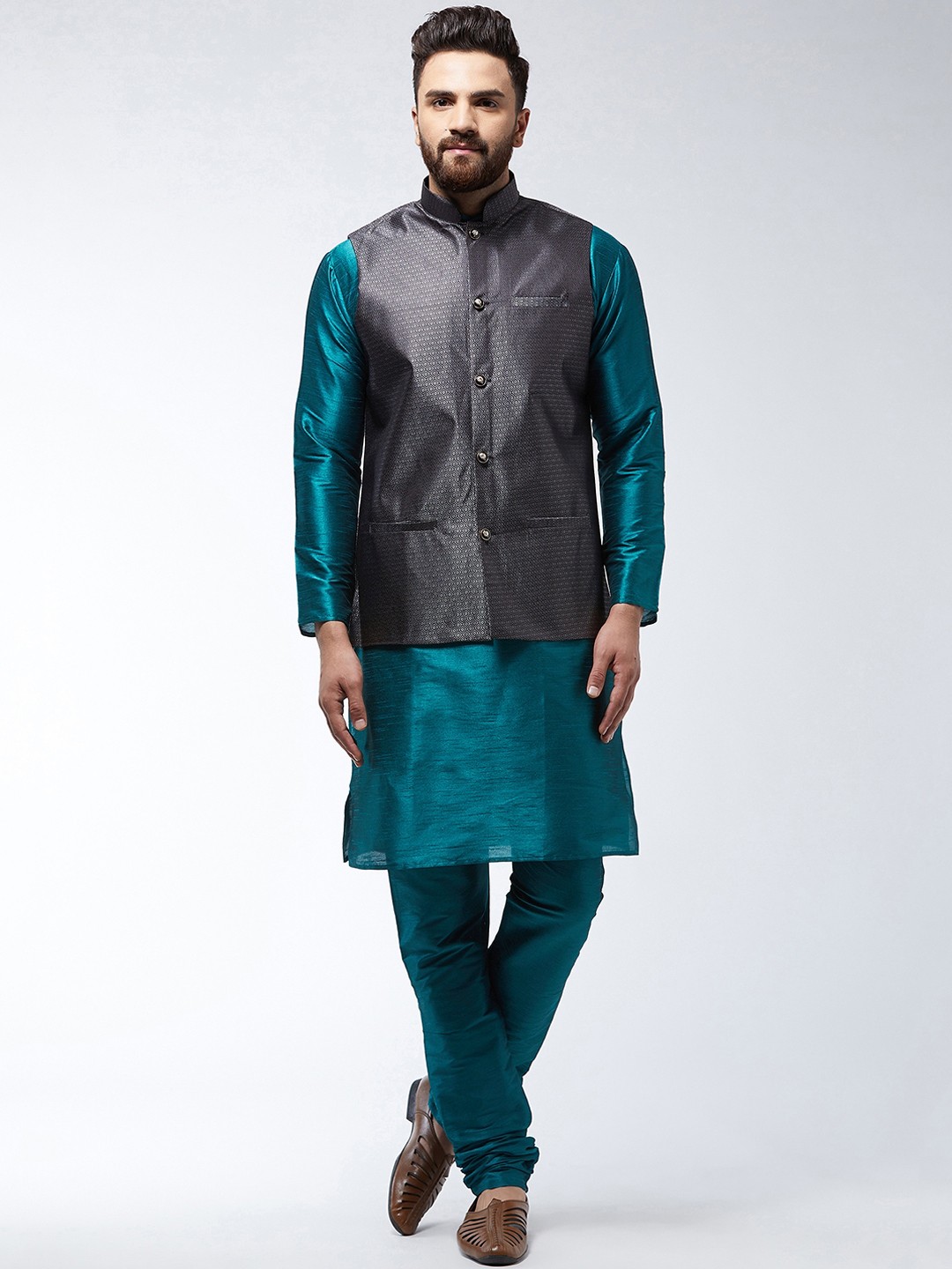 

SOJANYA Men Teal & Grey Solid Kurta with Churidar & Nehru Jacket