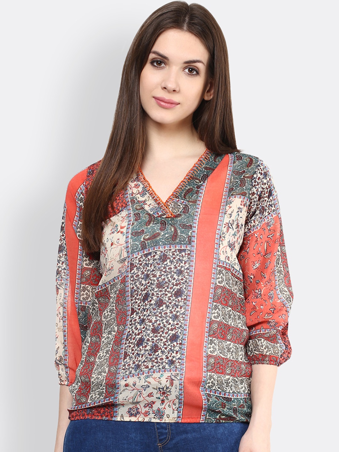 

Mayra Multicoloured Ethnic Motifs V-Neck Blouson, Multi