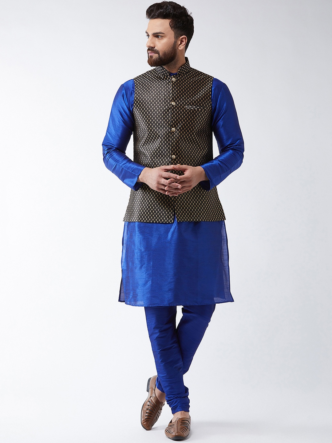 

SOJANYA Men Blue & Black Solid Kurta with Churidar & Nehru Jacket