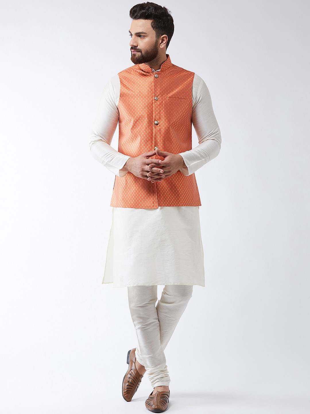 

SOJANYA Men Off-White Self Design Kurta Set & Nehru Jacket