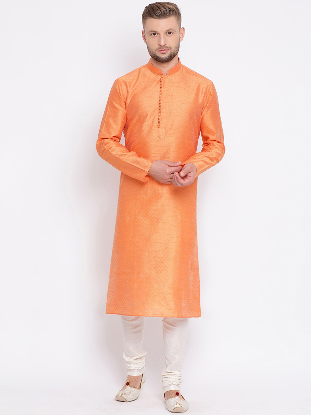 Sanwara Men Orange & White Woven Design Straight Handloom Kurta