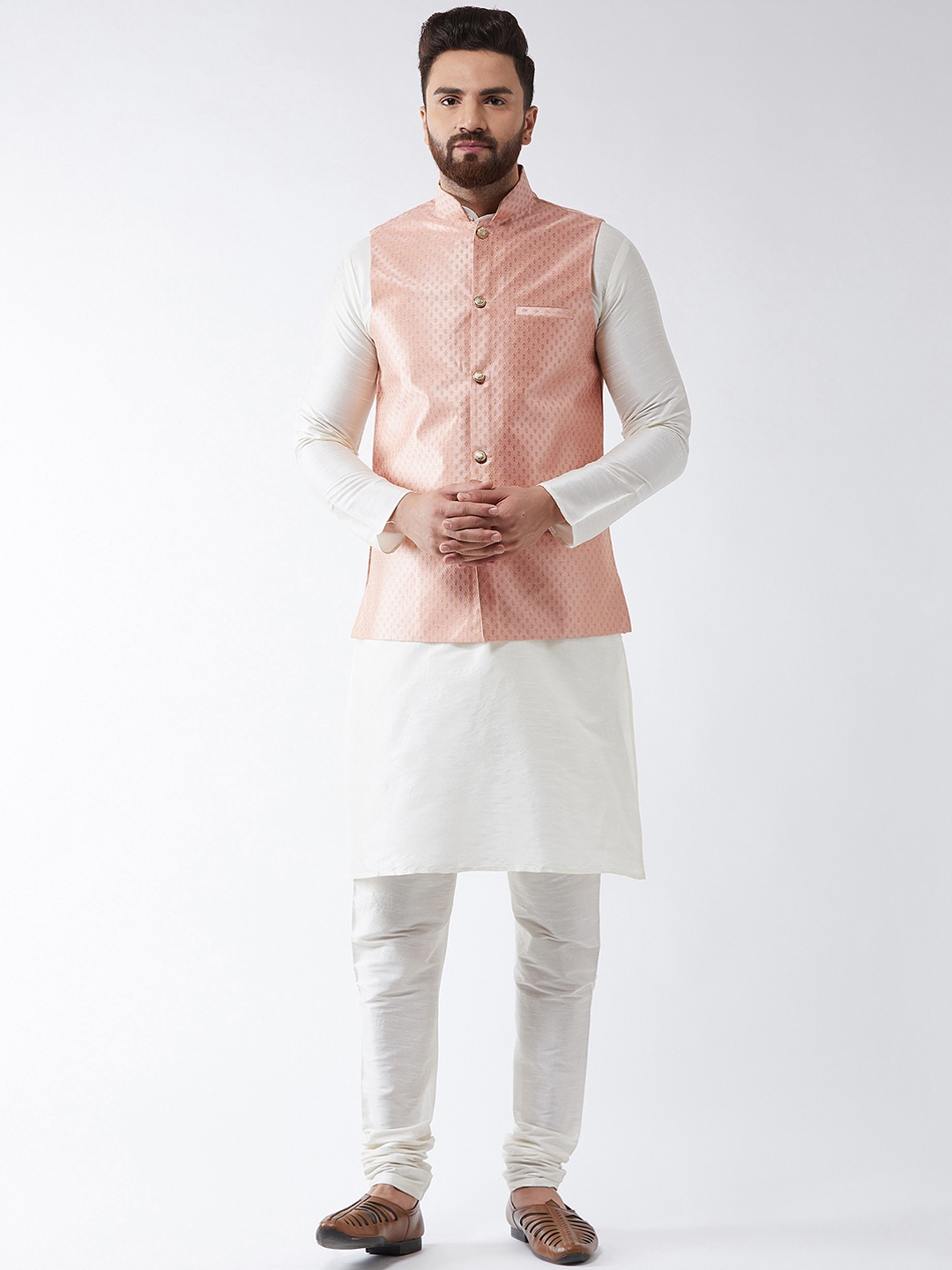 

SOJANYA Men Off-White Solid Kurta Set & Nehru Jacket