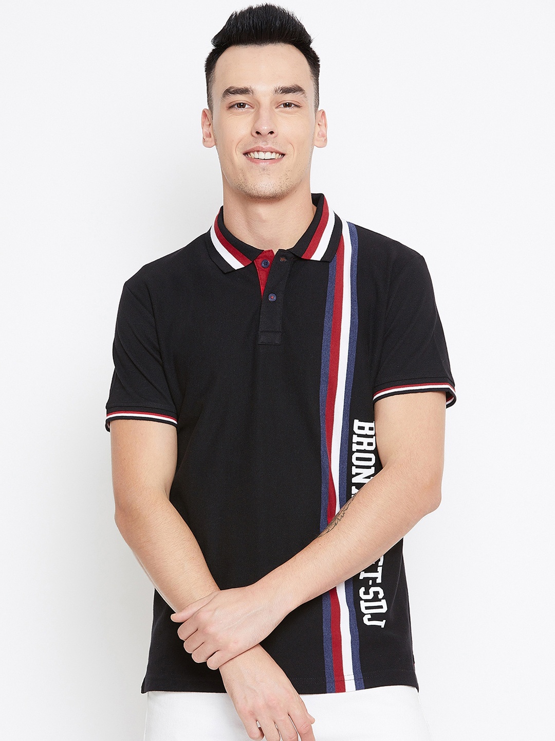 

Duke Men Black Striped Polo Collar T-shirt