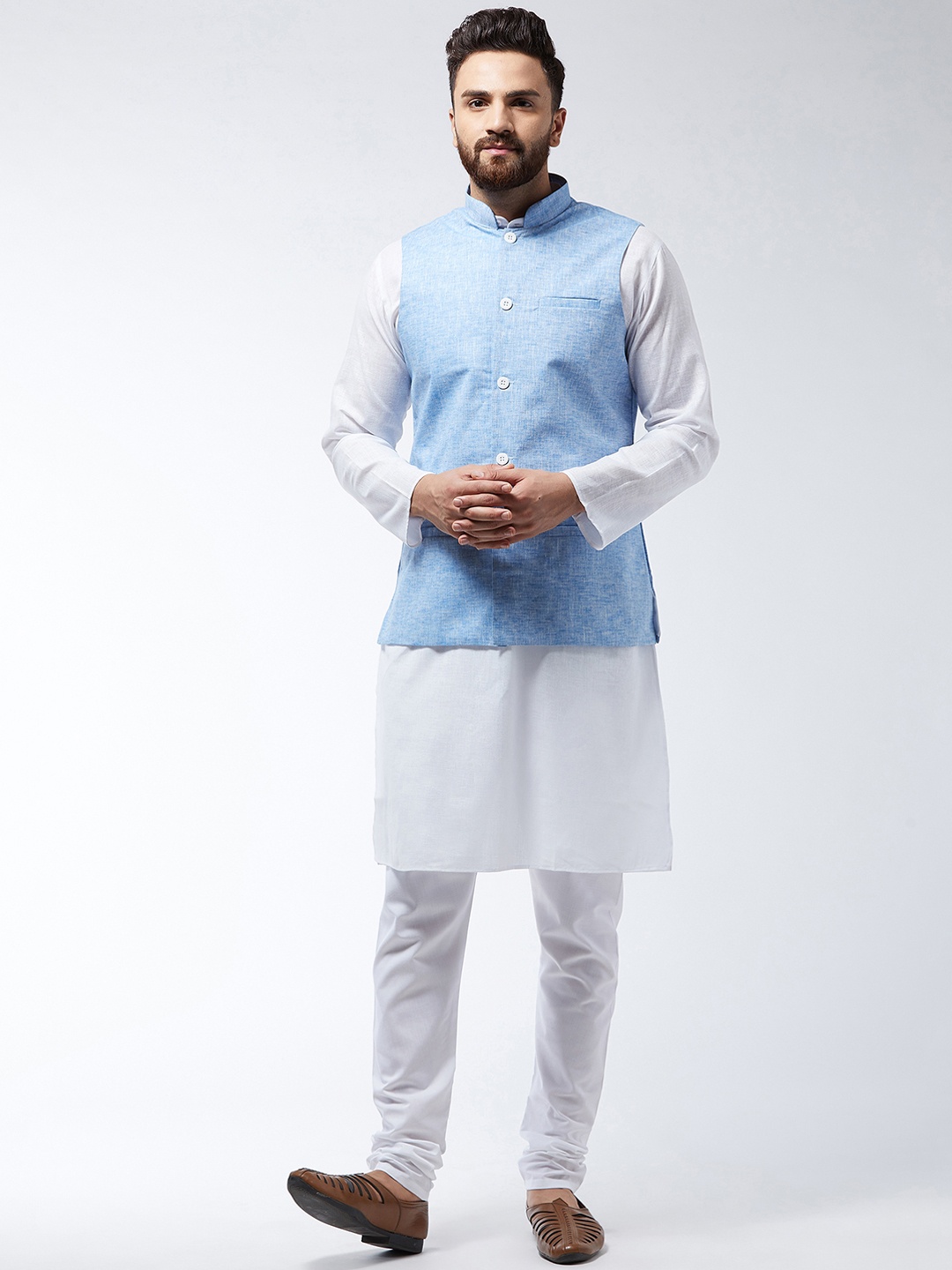 

SOJANYA Men White Solid Kurta And Churidar With Nehru Jacket