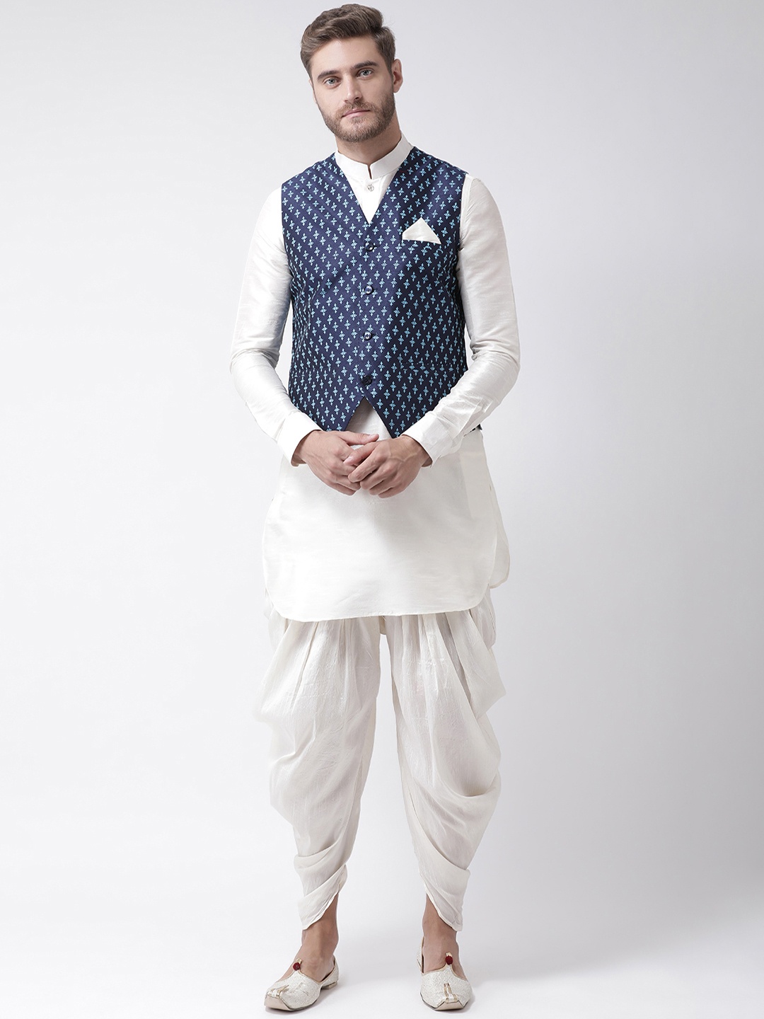 

DEYANN Men Off-White & Navy Blue Solid Kurta with Patiala & Nehru Jacket