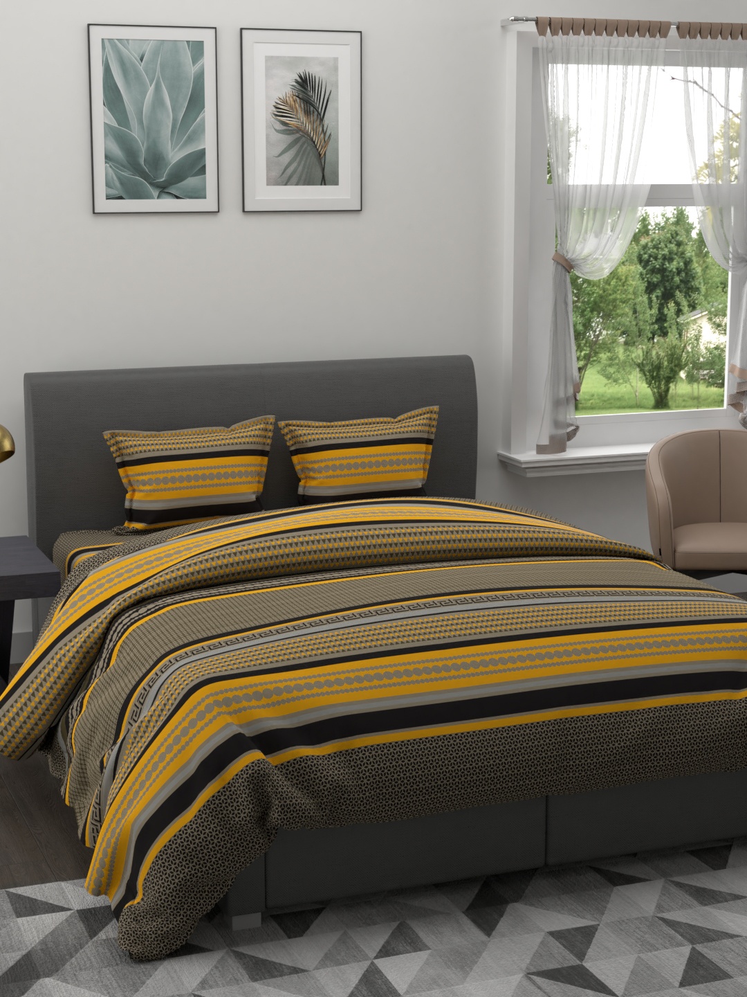 

BIANCA Yellow & Grey Striped AC Room 150 GSM Double Bedding Set