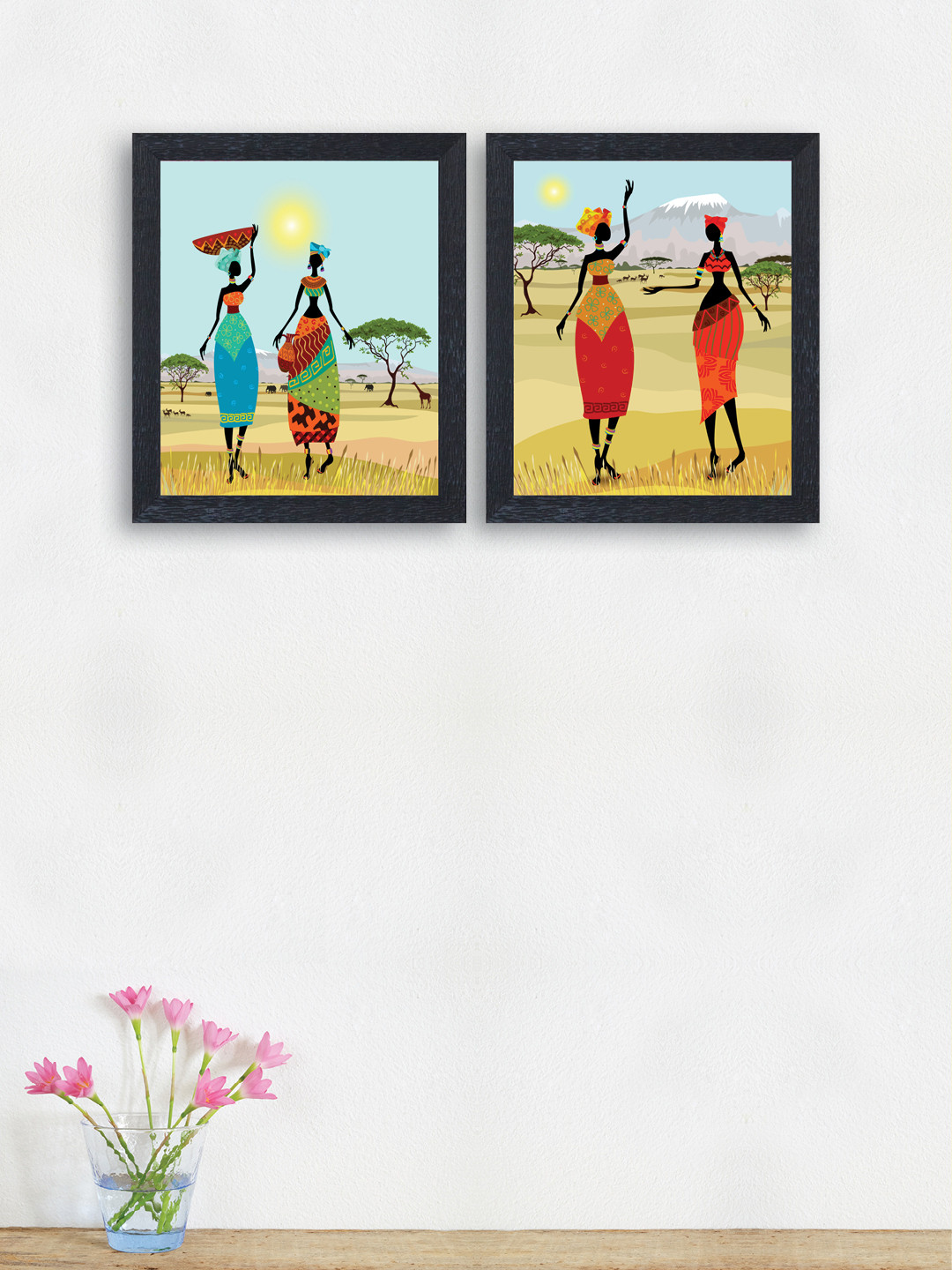 

nest ART Set of 2 Multicoloured Synthetic Wood Village Ladies Wall Art, Multi