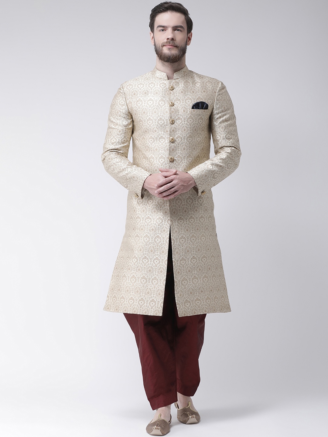 

Hangup Men Cream-Coloured & Maroon Woven Design Sherwani With Dhoti Pants