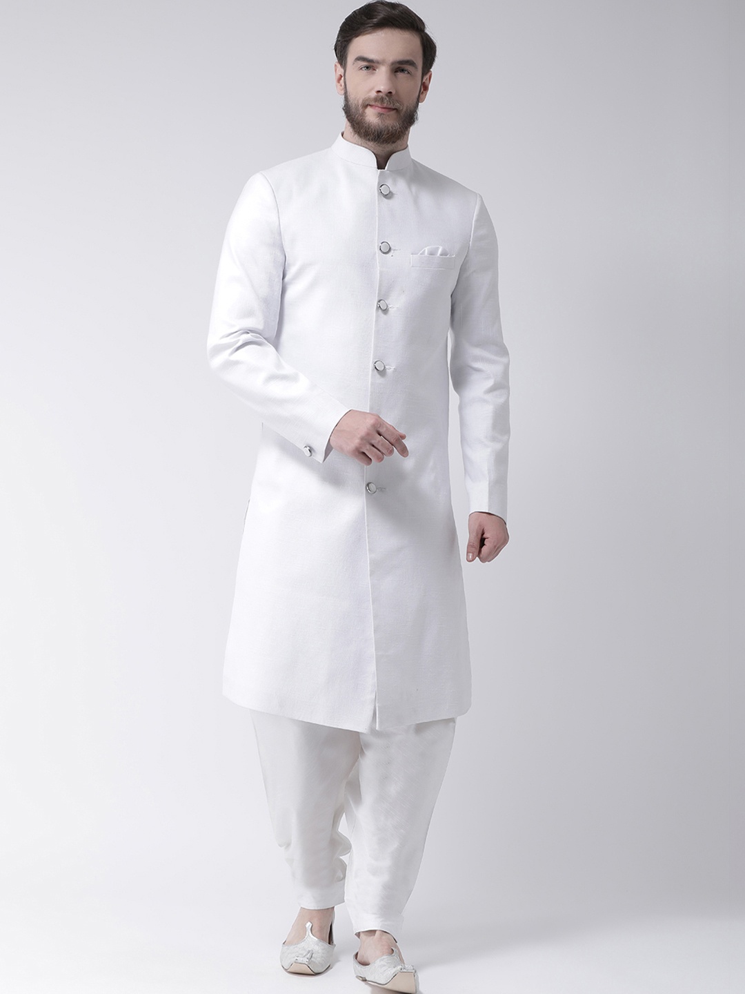 

Hangup Men White Textured Sherwani With Dhoti Pants