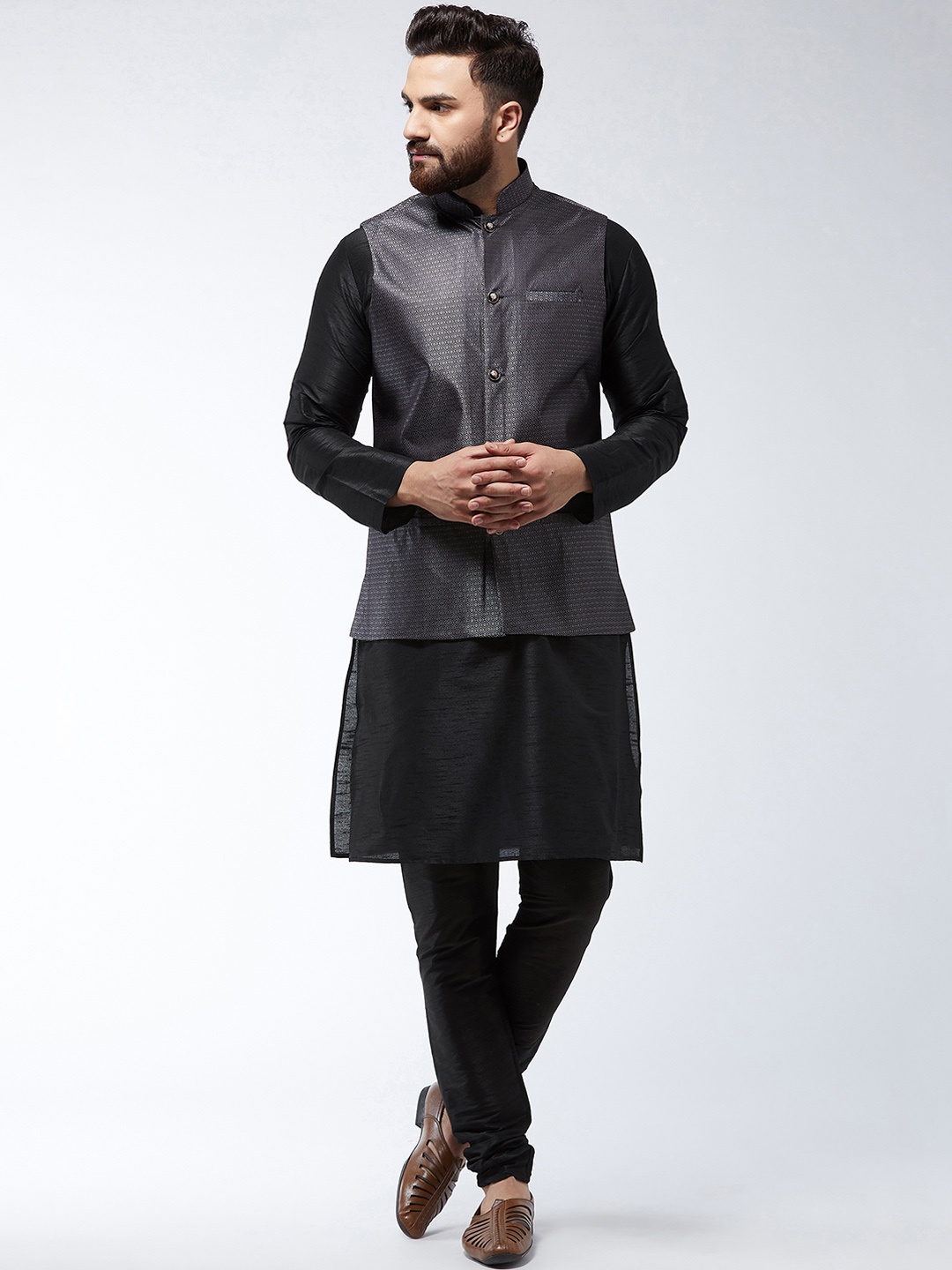 

SOJANYA Men Black & Grey Self Design Kurta with Churidar & Nehru Jacket