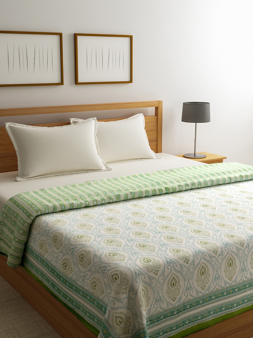 

ROMEE White & Green Ethnic Motifs AC Room 300 GSM Handicraft Double Bed Quilt