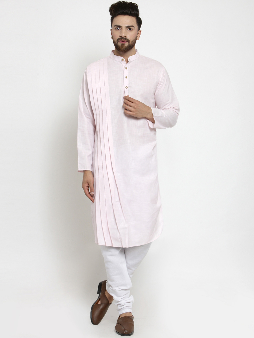 

TREEMODA Men Pink & White Solid Linen Straight Kurta