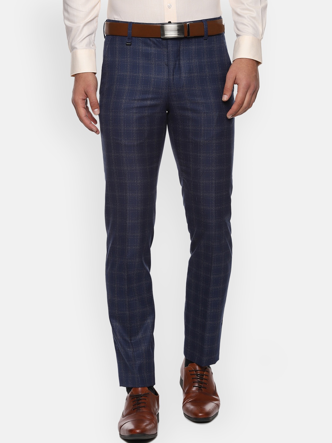 

Van Heusen Men Navy Blue Slim Fit Checked Formal Trousers