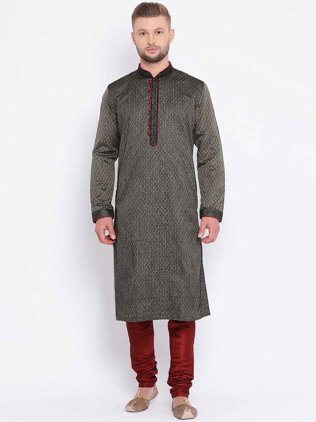 

Sanwara Men Black & Maroon Self Design Kurta with Churidar