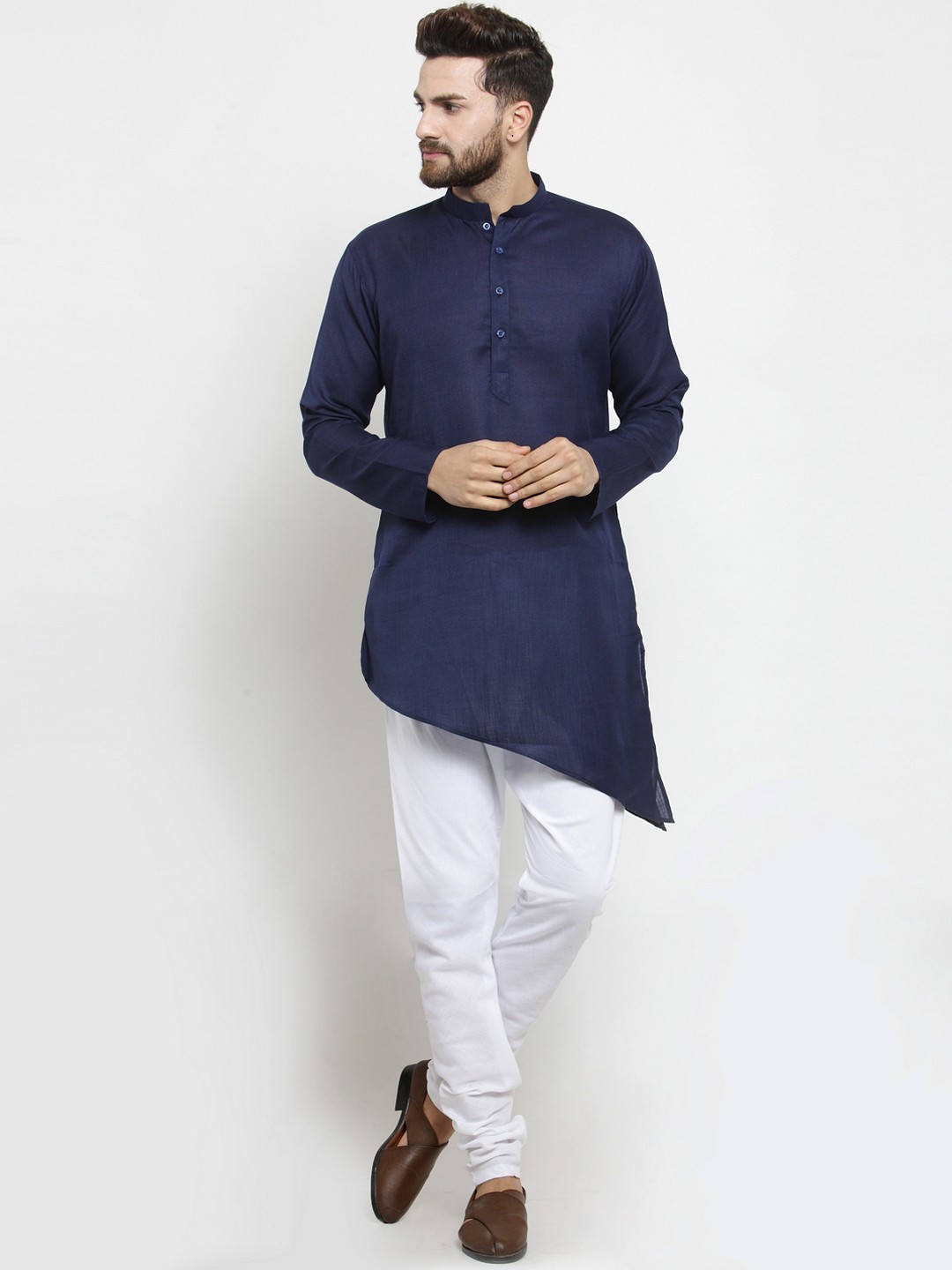 

TREEMODA Men Navy Blue Solid Linen Straight Kurta
