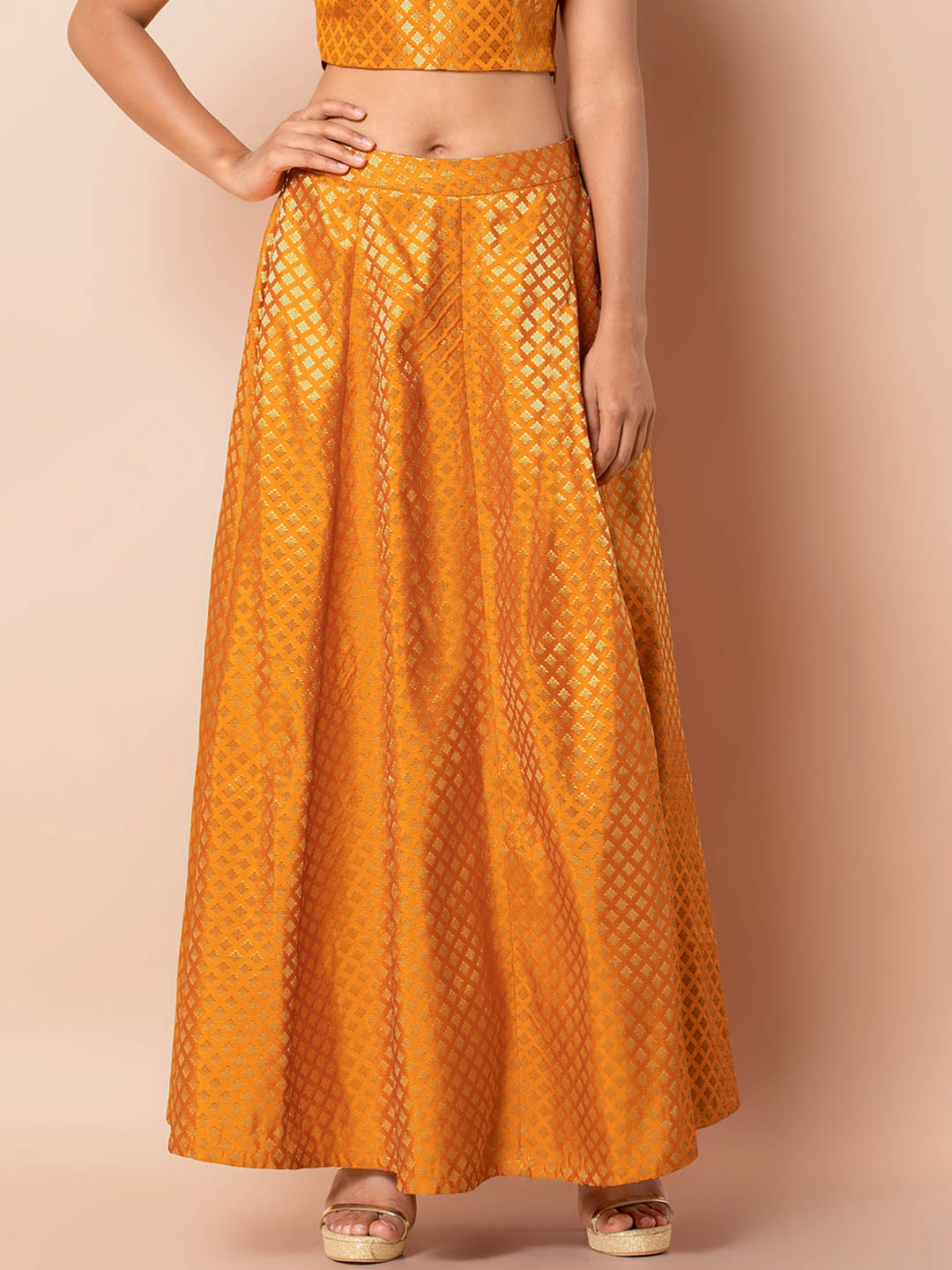 

INDYA Women Yellow Printed Banarasi Flared Maxi Skirt