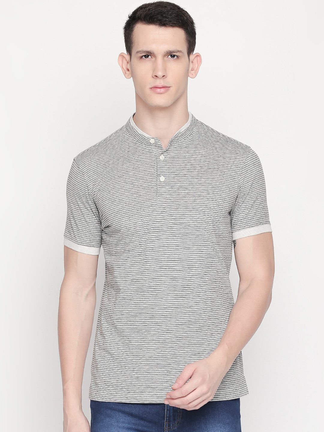 

BYFORD by Pantaloons Men Black Striped Mandarin Collar T-shirt