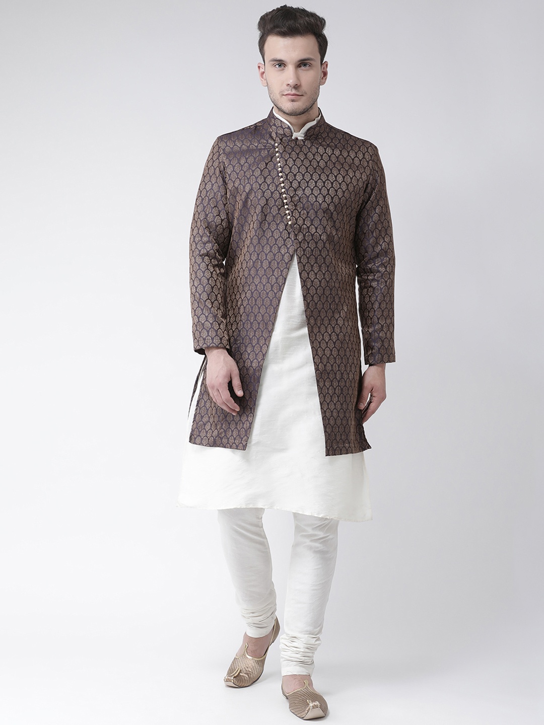 

DEYANN Men Navy Blue & Off White Sherwani With Achkan