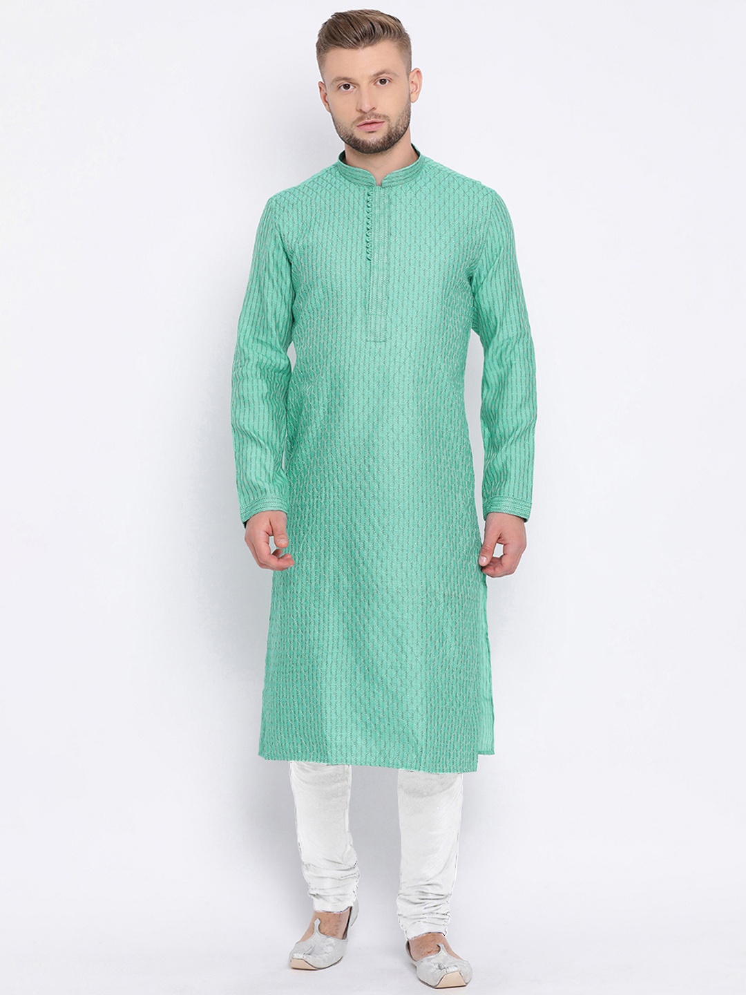 

Sanwara Men Green Woven Design Straight Kurta
