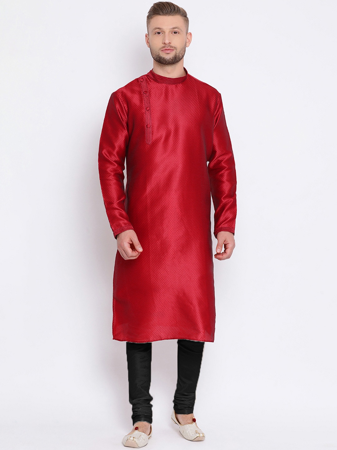 

Sanwara Men Red Woven Design Dupion Silk Straight Kurta