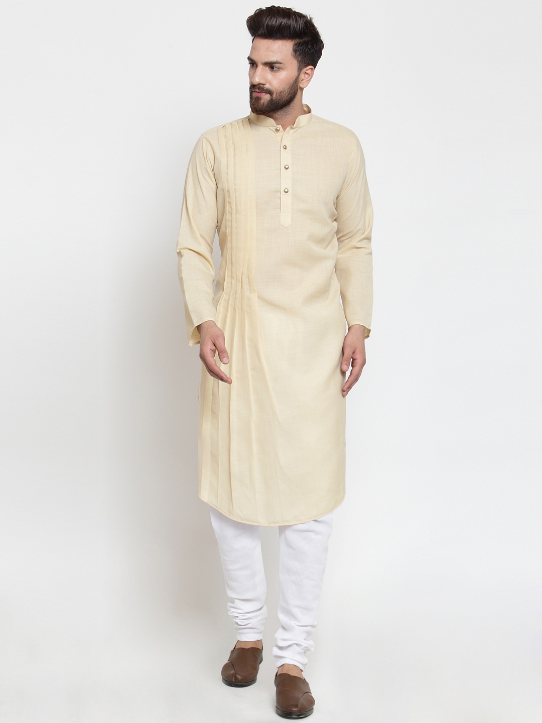

TREEMODA Men Beige Solid Linen Straight Kurta