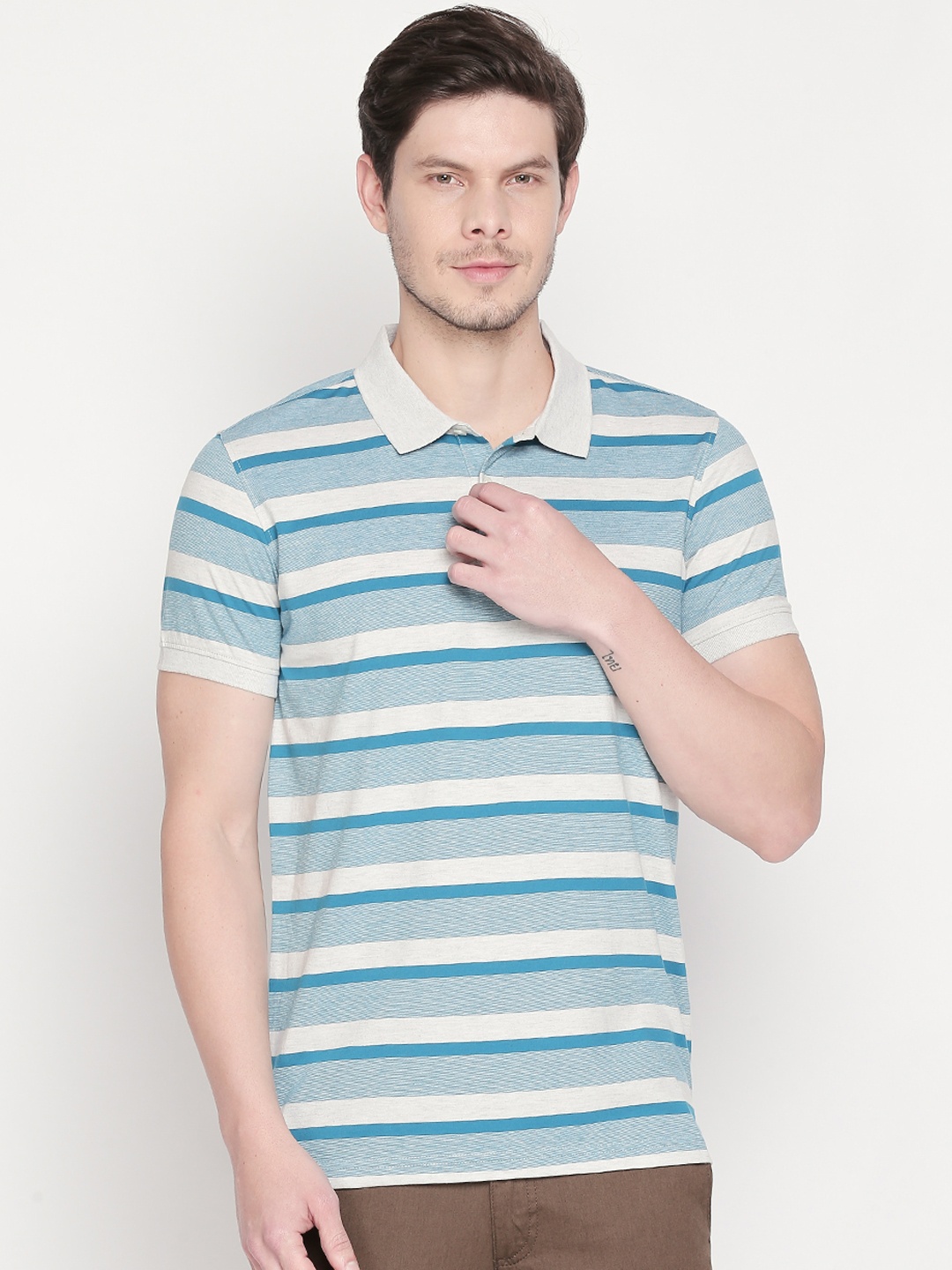 

BYFORD by Pantaloons Men Blue Striped Polo Collar T-shirt