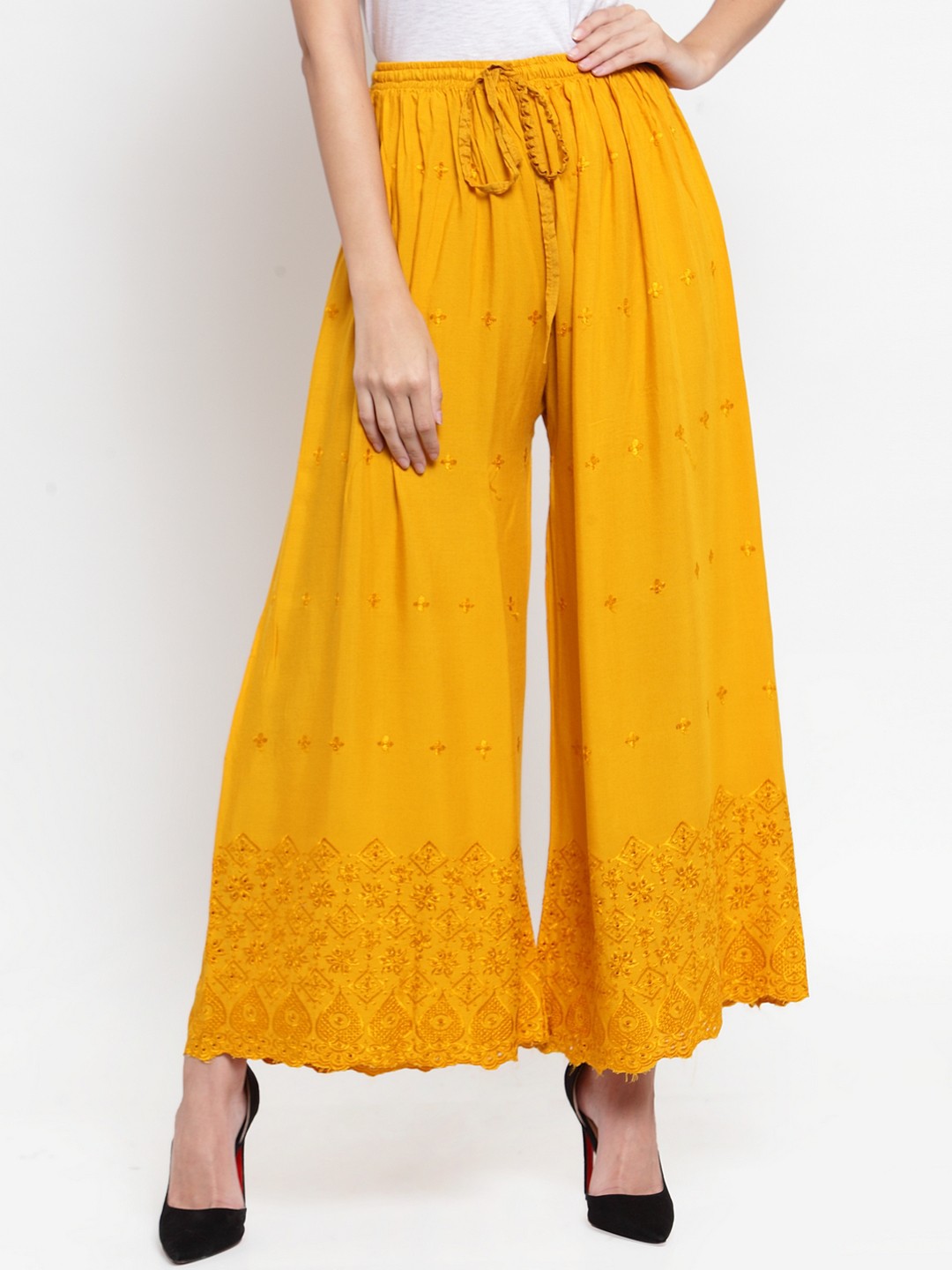 

Clora Creation Women Mustard Yellow Embroidered Wide Leg Palazzos