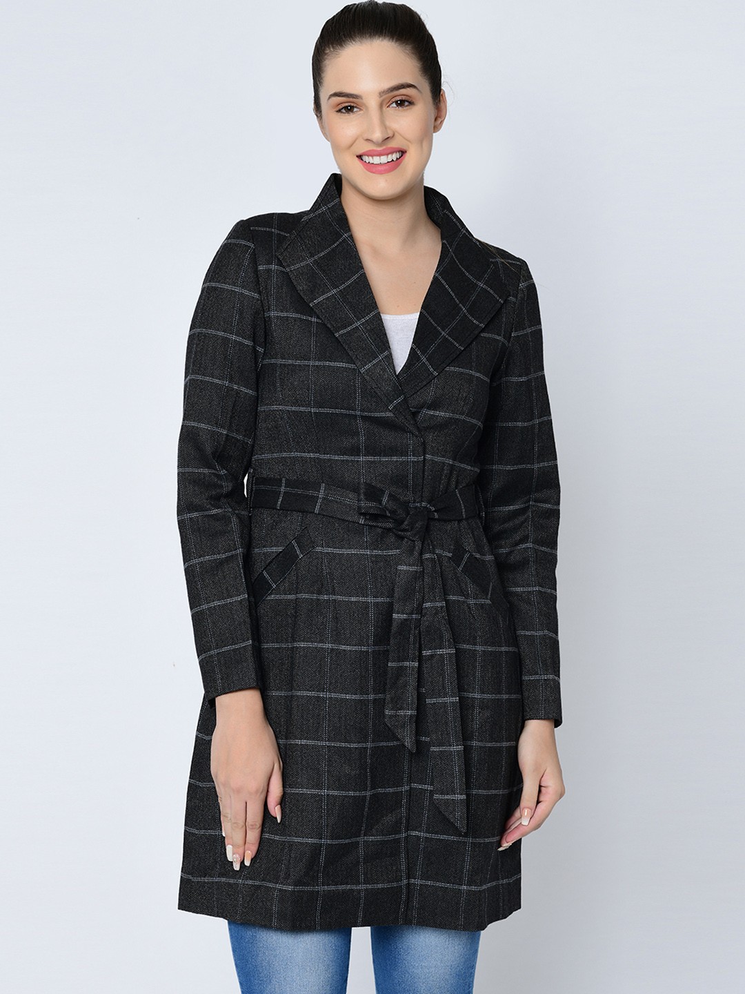 

Owncraft Women Black Grey Checked Wool Overcoat