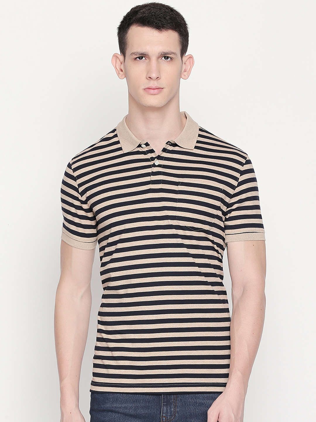 

BYFORD by Pantaloons Men Brown Striped Polo Collar T-shirt