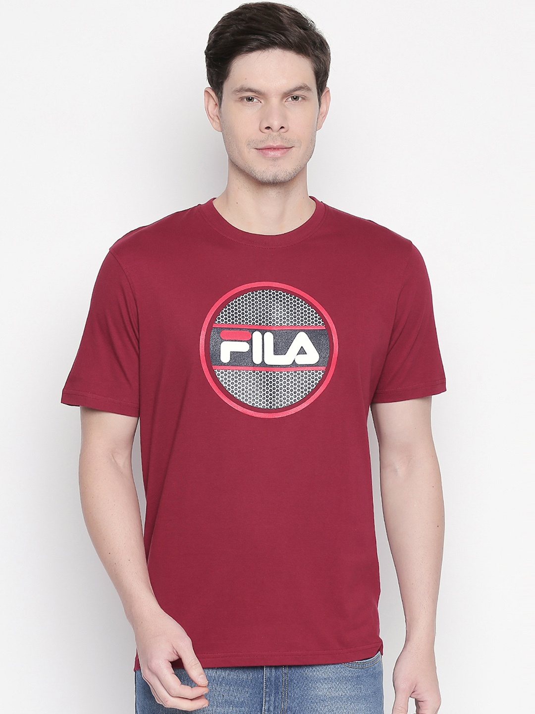 

FILA Men Maroon Black Brand Logo Printed Round Neck Pure Cotton T-shirt