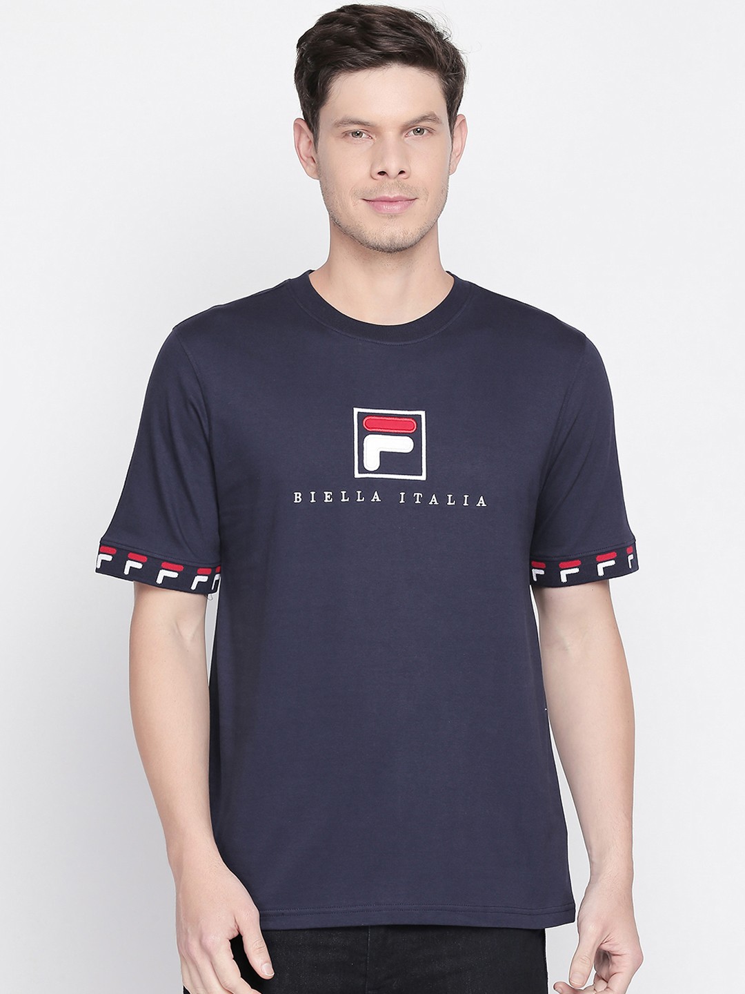 

FILA Men Navy Blue Printed Round Neck ROSCO Pure Cotton T-shirt