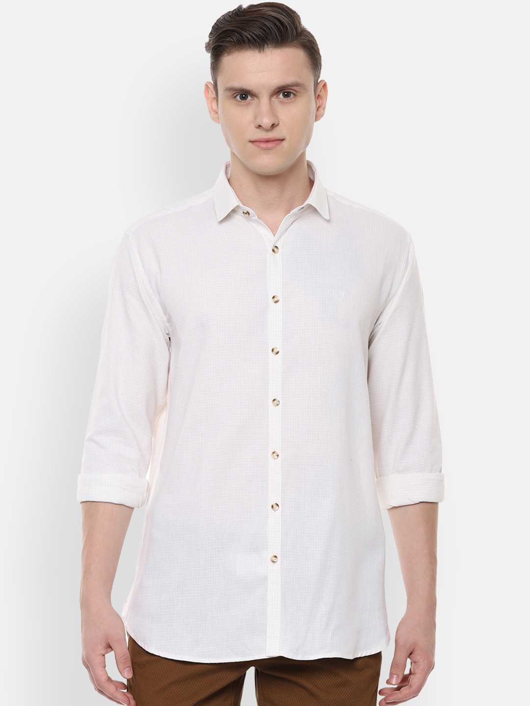 

V Dot Men White & Beige Slim Fit Checked Casual Shirt