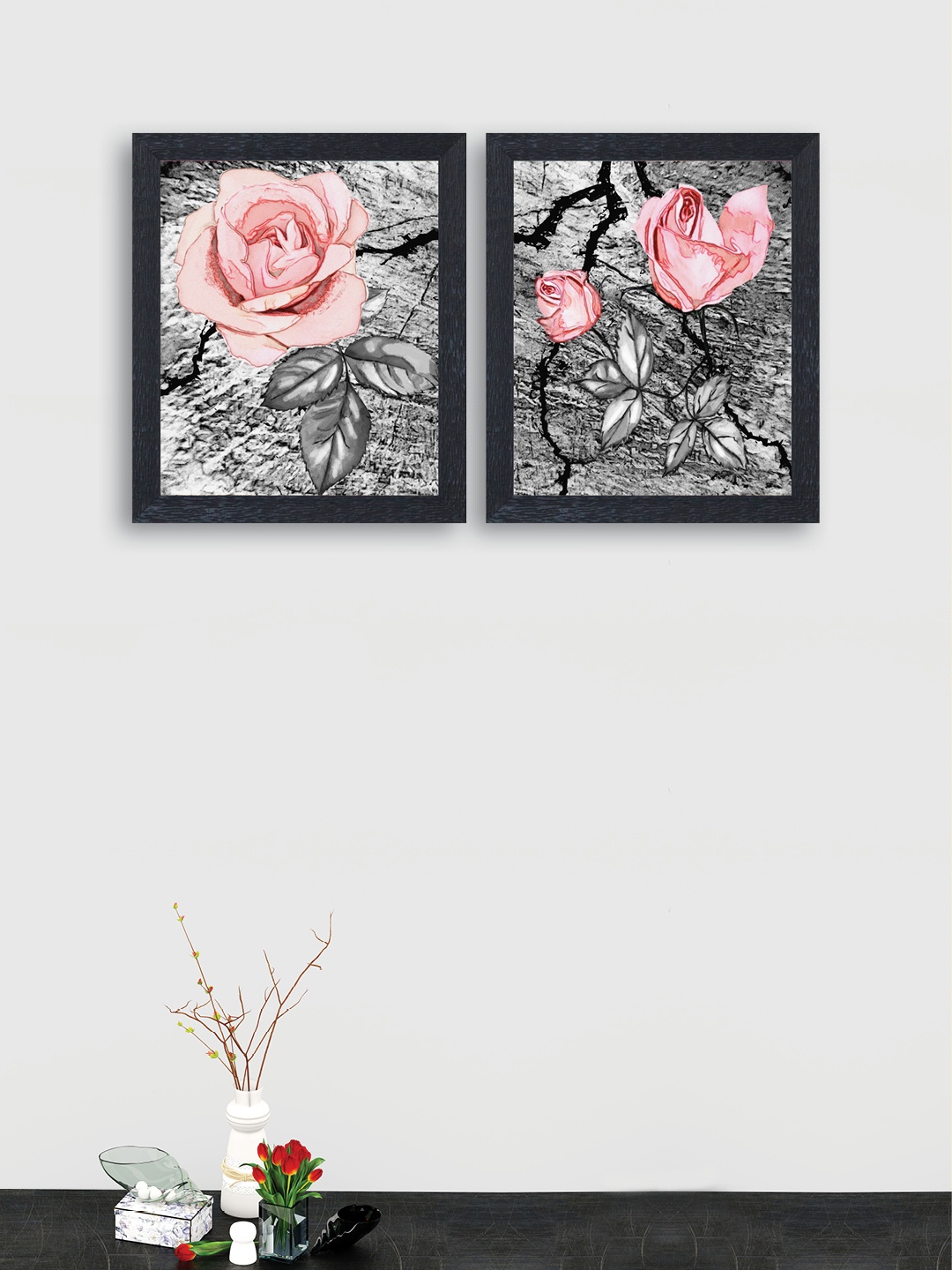 

nest ART Set of 2 Grey and Pink Rose Wall Arts, Multi