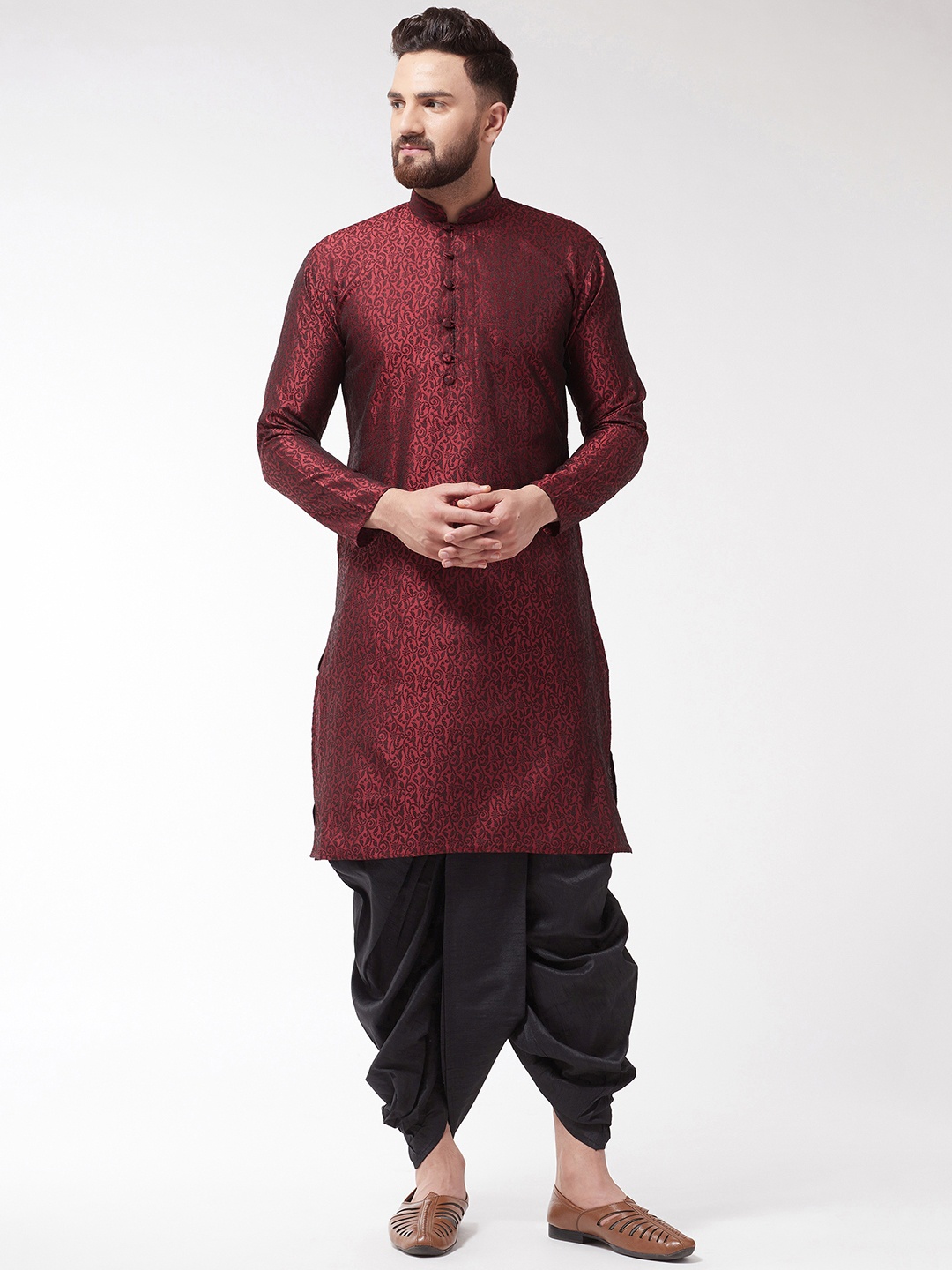

SOJANYA Men Maroon & Black Self Design Kurta with Dhoti Pants