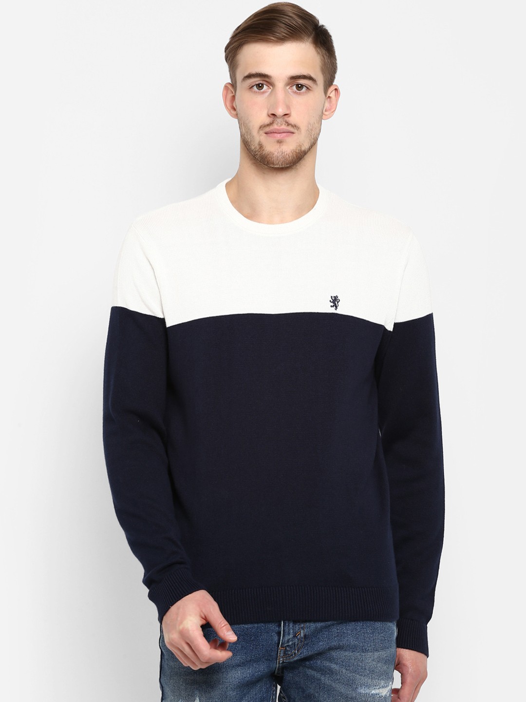 

Red Tape Men Navy Blue & White Colourblocked Sweater