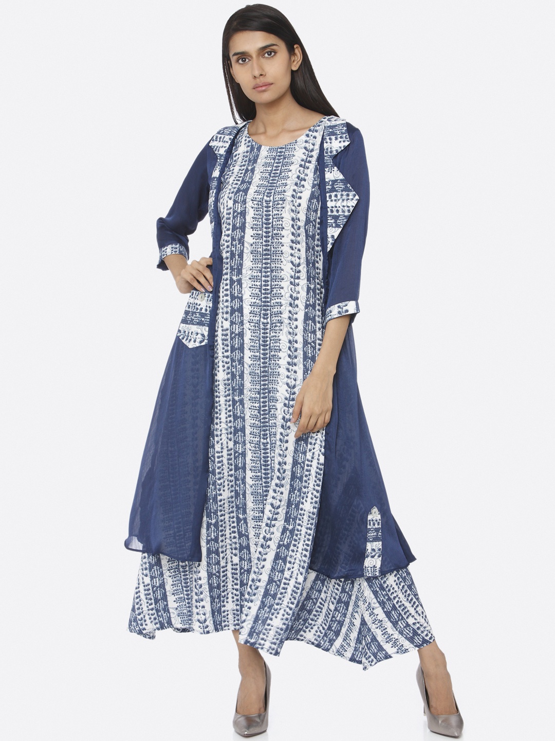 

RAISIN Women Printed Navy Blue A-Line Dress With Shrug