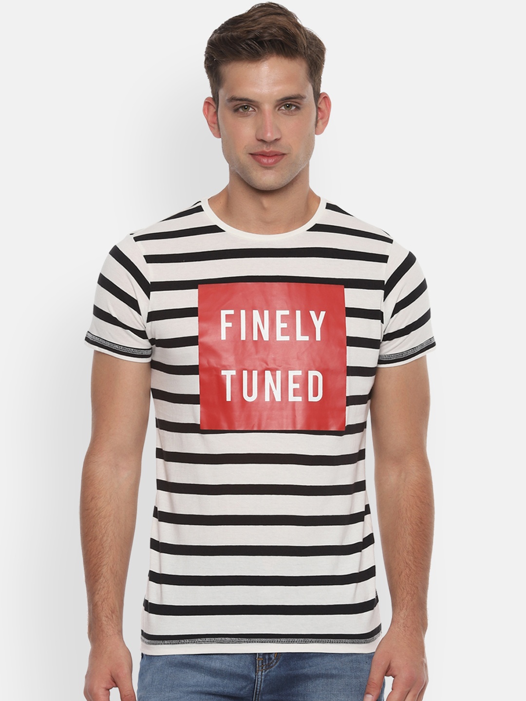 

People Men White Black Striped Round Neck Pure Cotton T-shirt