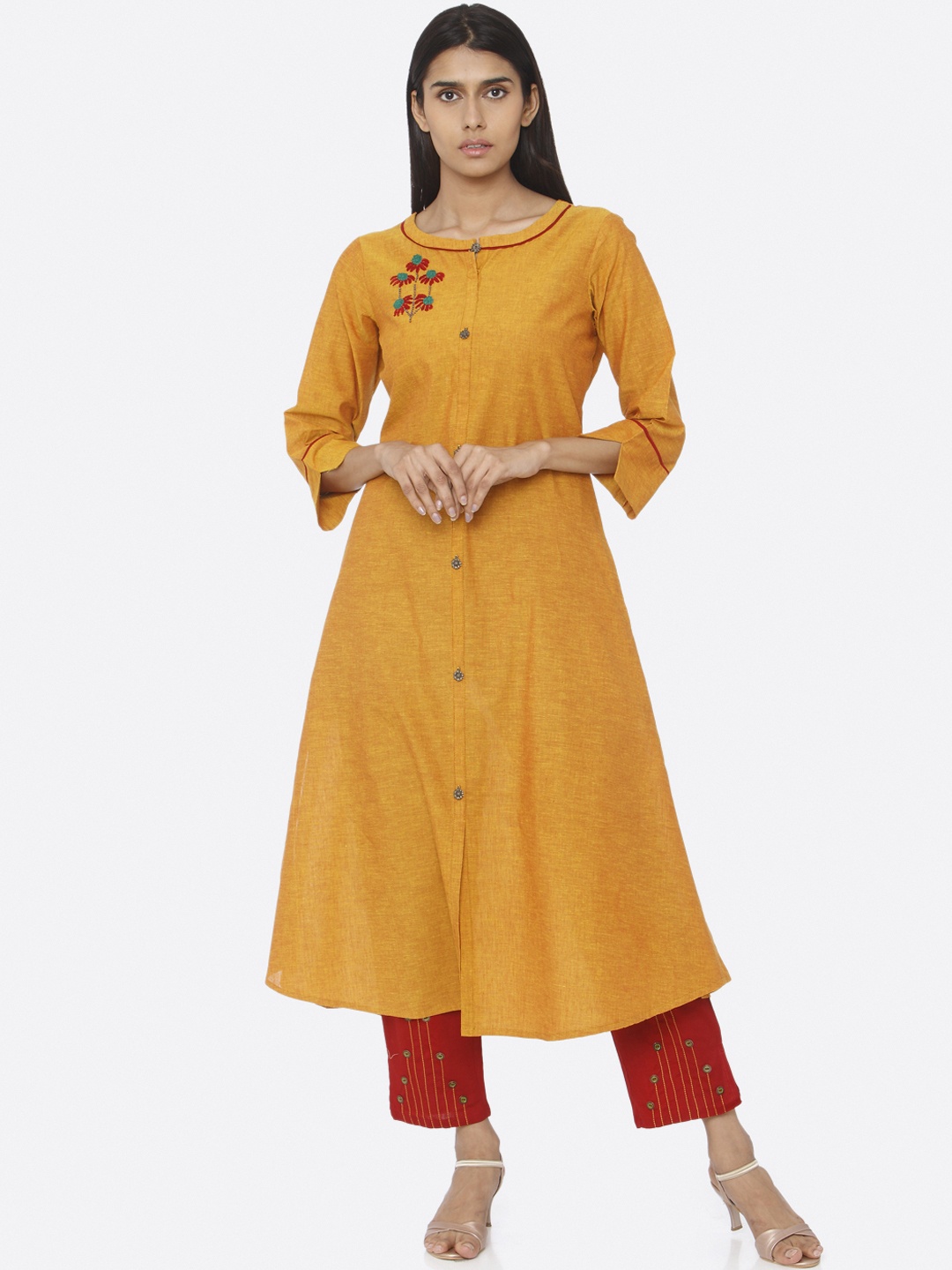 RAISIN Women Mustard Yellow & Red Solid Kurta with Trousers