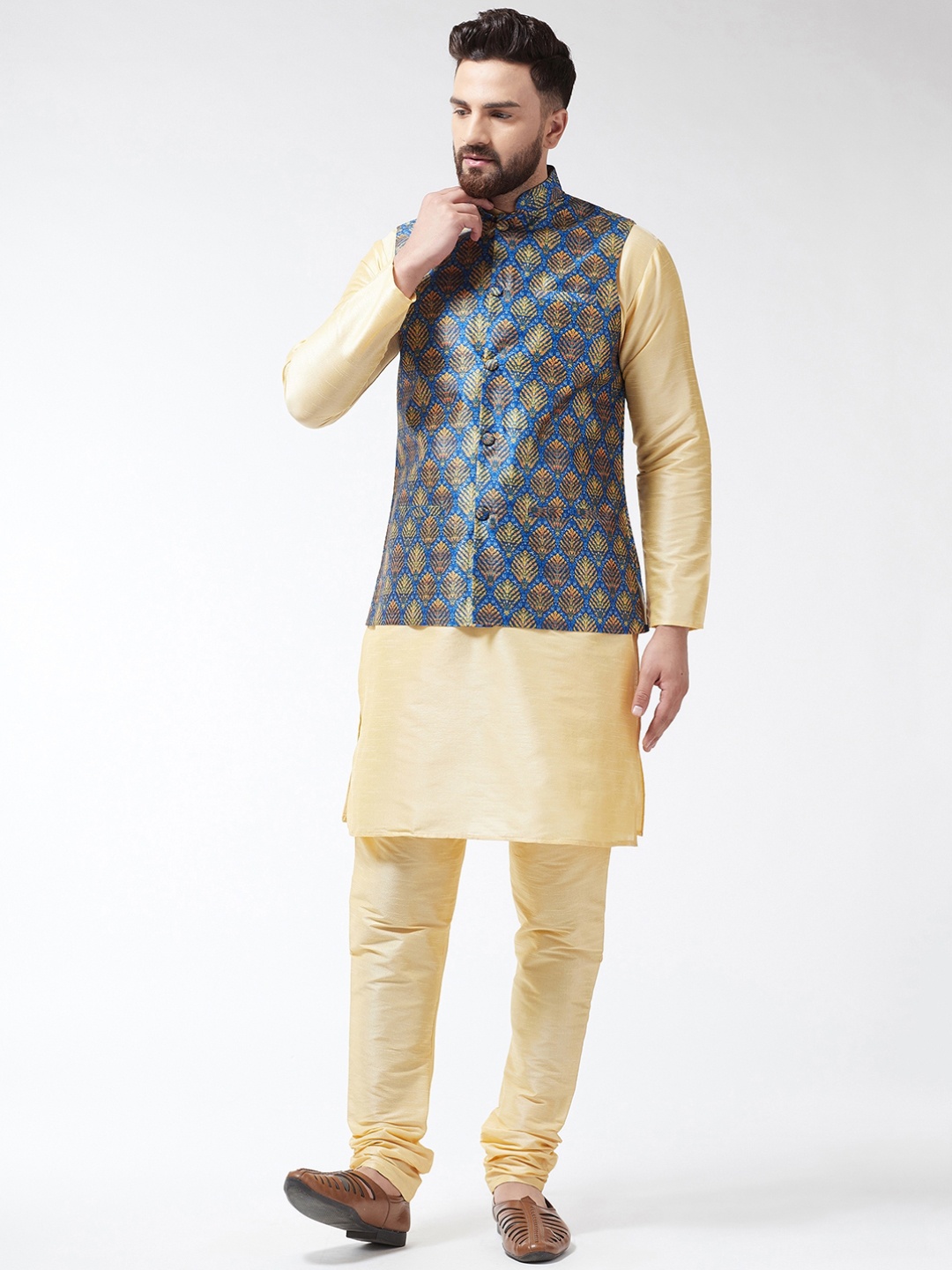 SOJANYA Men Golden-Coloured & Blue Solid Kurta with Churidar & Nehru Jacket, Gold