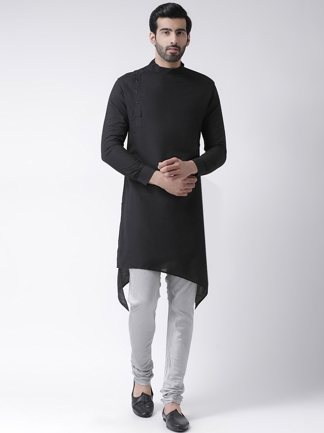 KISAH Men Black & Grey Solid Kurta with Churidar