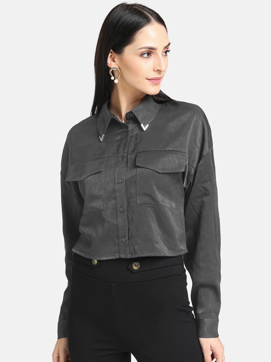

Kazo Women Grey Solid Shirt Style Top