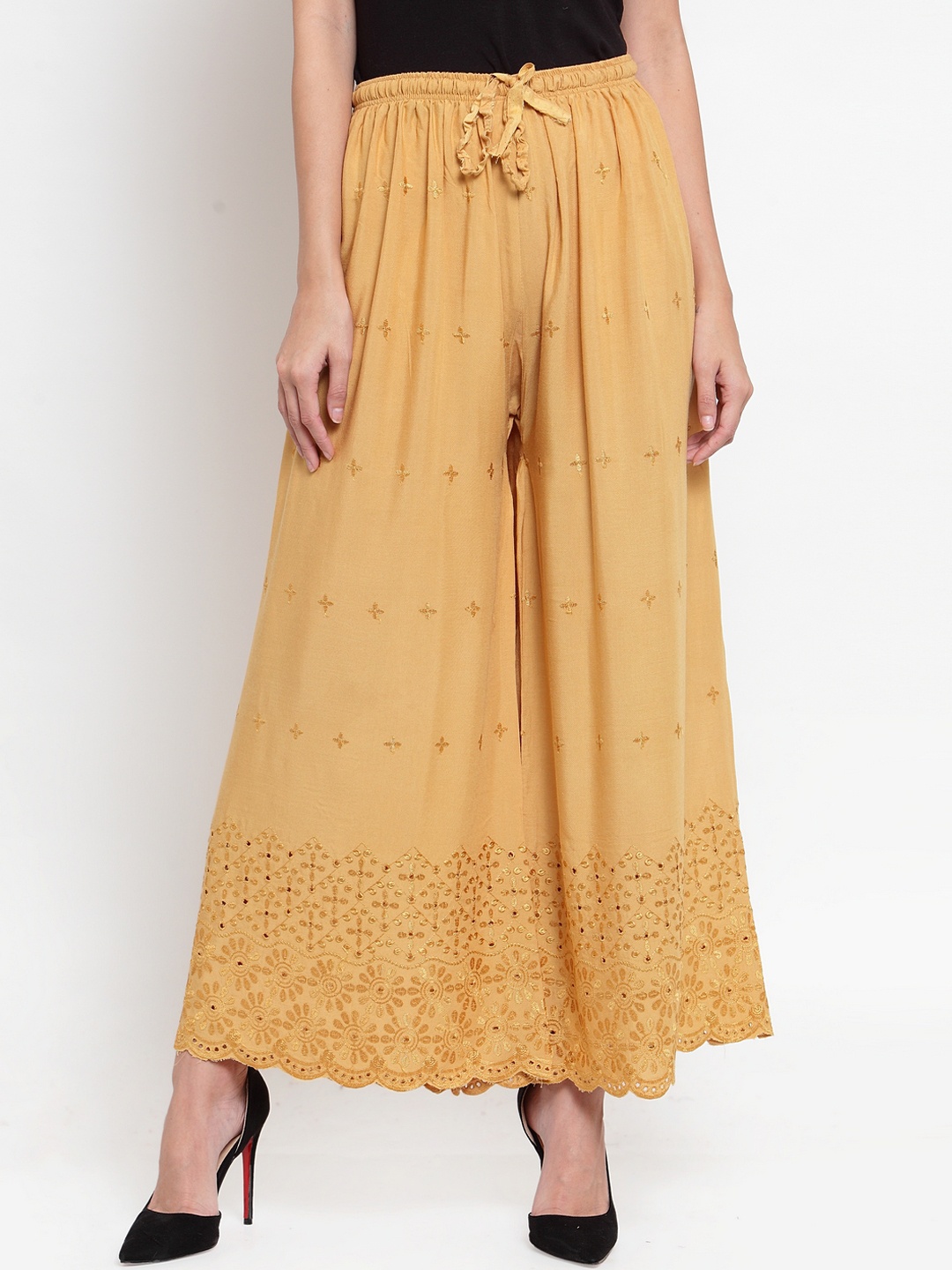Clora Creation Women Beige Embroidered Wide Leg Palazzos