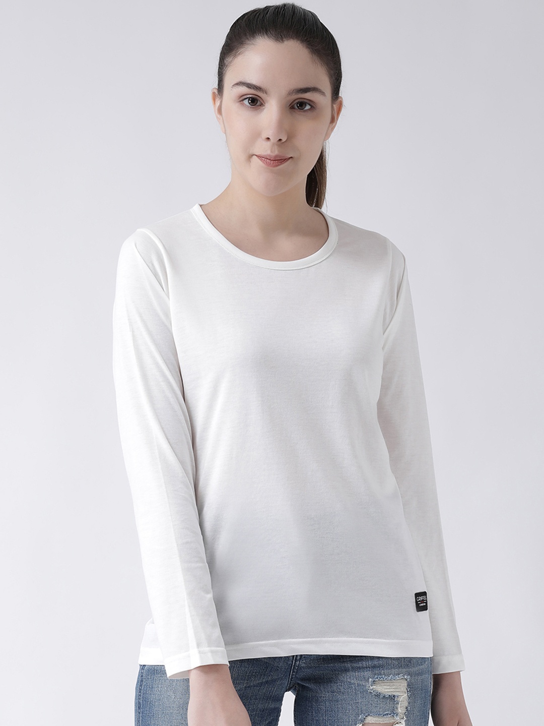 

GRIFFEL Women White Solid Round Neck T-shirt